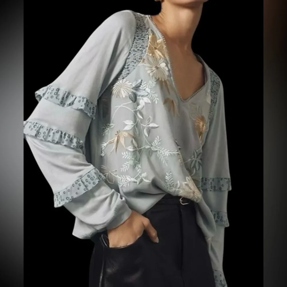 Anthropologie Tiny Frances long sleeve ruffle floral embroidered blouse NWOT
